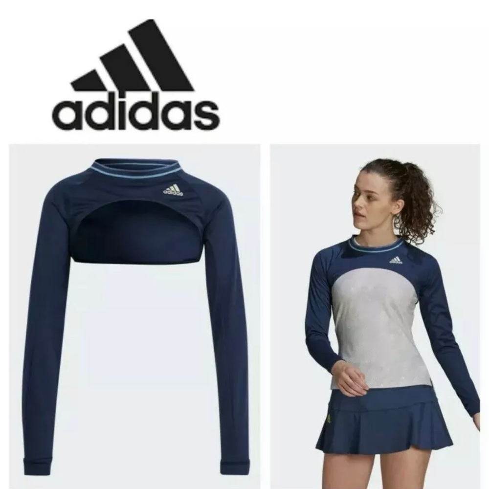 NWT ADIDAS Women's Primeblue Match SHRUG TENNIS CROP Shirt Top SMALL Crew NAVY